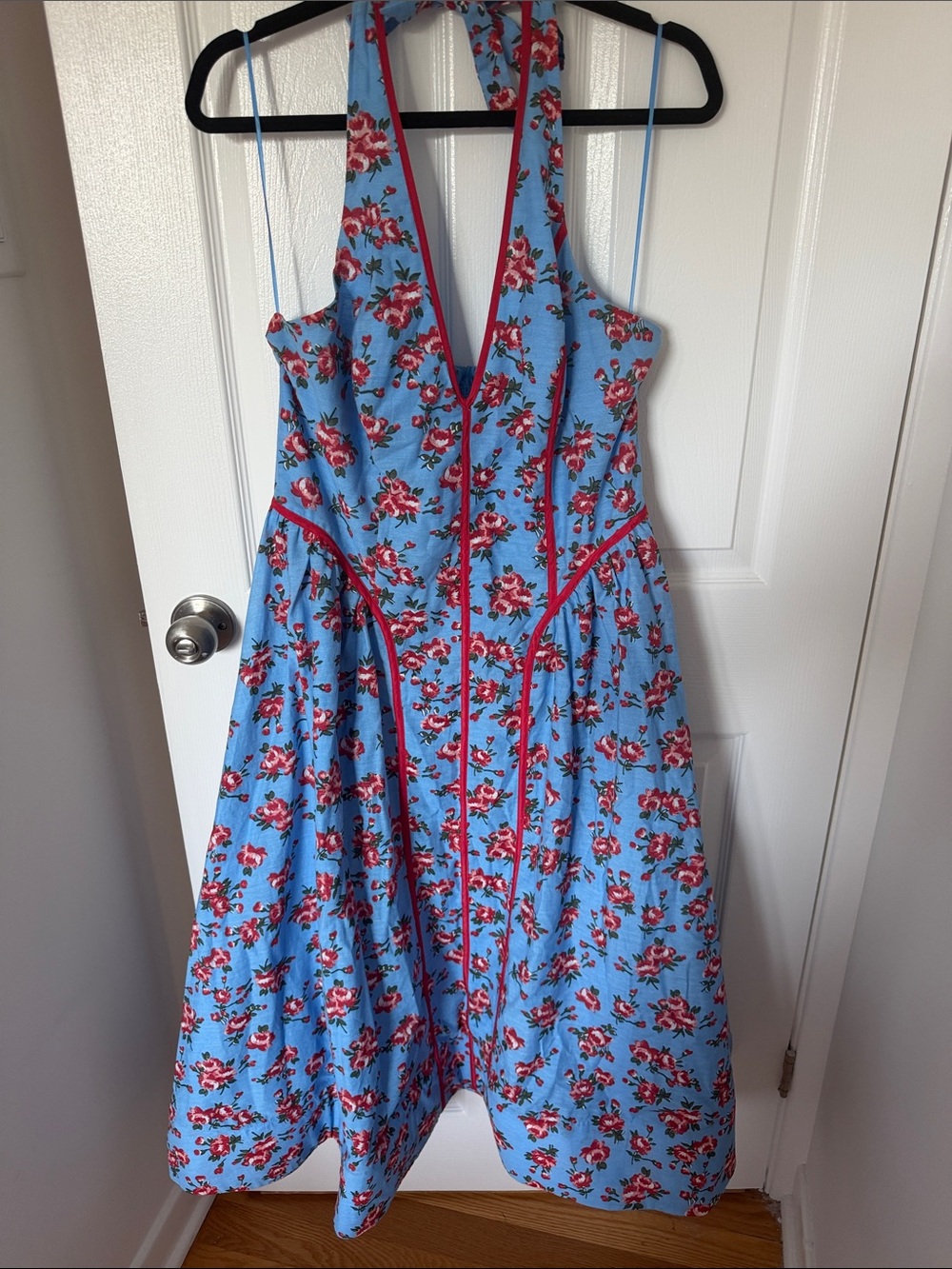 Anthropologie Blue Floral Halter Dress with Red Trim